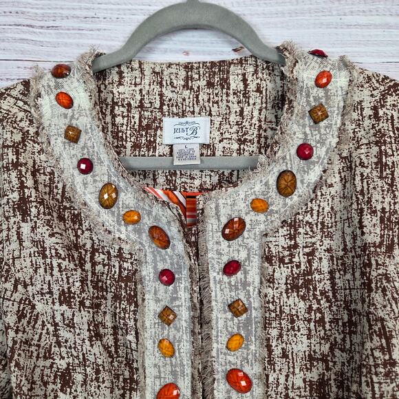 Just B Linen Fringe Blazer L Bohemian Jewel Beaded Mesh Lace Snap Closure Jacket - Picture 4 of 11